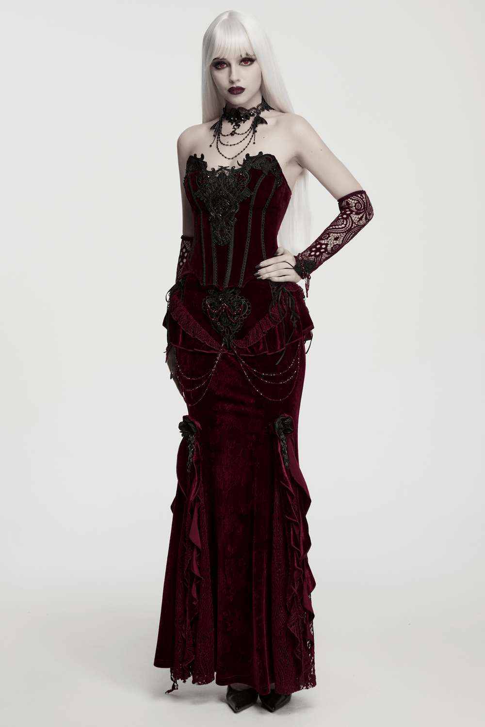Women's Gothic Lace Arm Warmers With Crystal Details paired with a stunning burgundy gown, ideal for a dark romantic look.