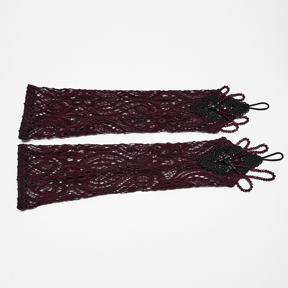 Women's Gothic Lace Arm Warmers With Crystal Details showcasing dark burgundy lace design and handmade crystal accents.