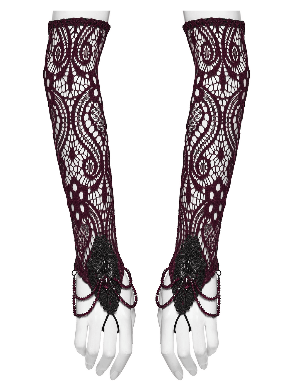 Women's Gothic Lace Arm Warmers With Crystal Details featuring burgundy lace and intricate designs.