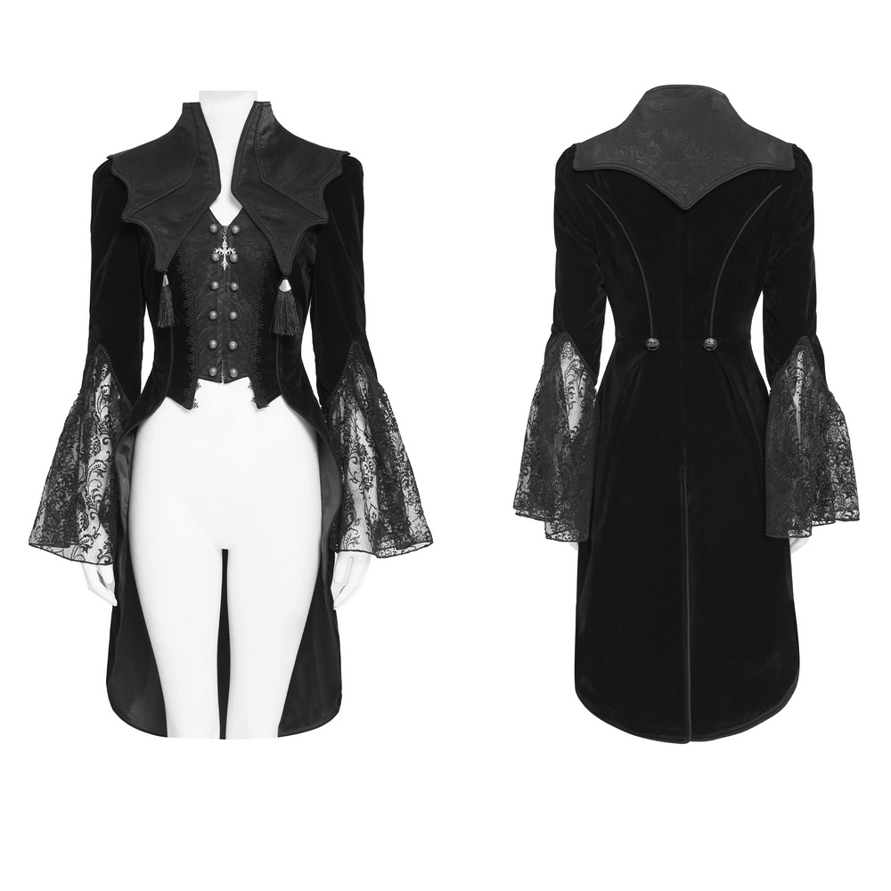 Women's Gothic Lace Bell Sleeve Tailcoat Jacket featuring elegant lace bell sleeves and dramatic collar.