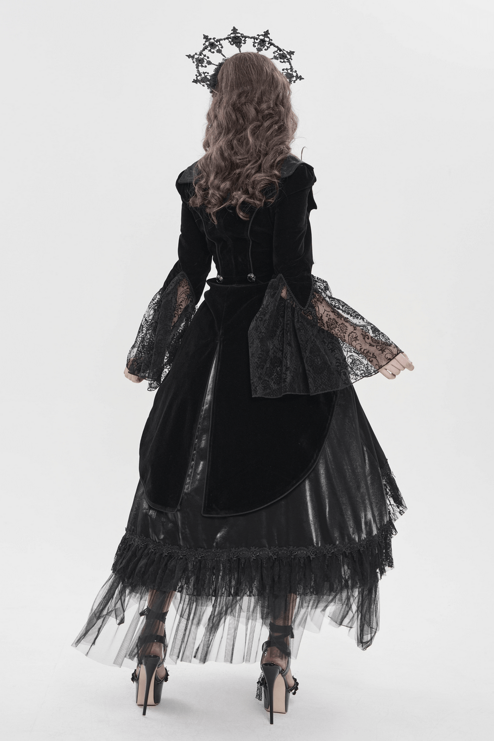 Women's Gothic Lace Bell Sleeve Tailcoat Jacket with dramatic lace sleeves and striking back view.