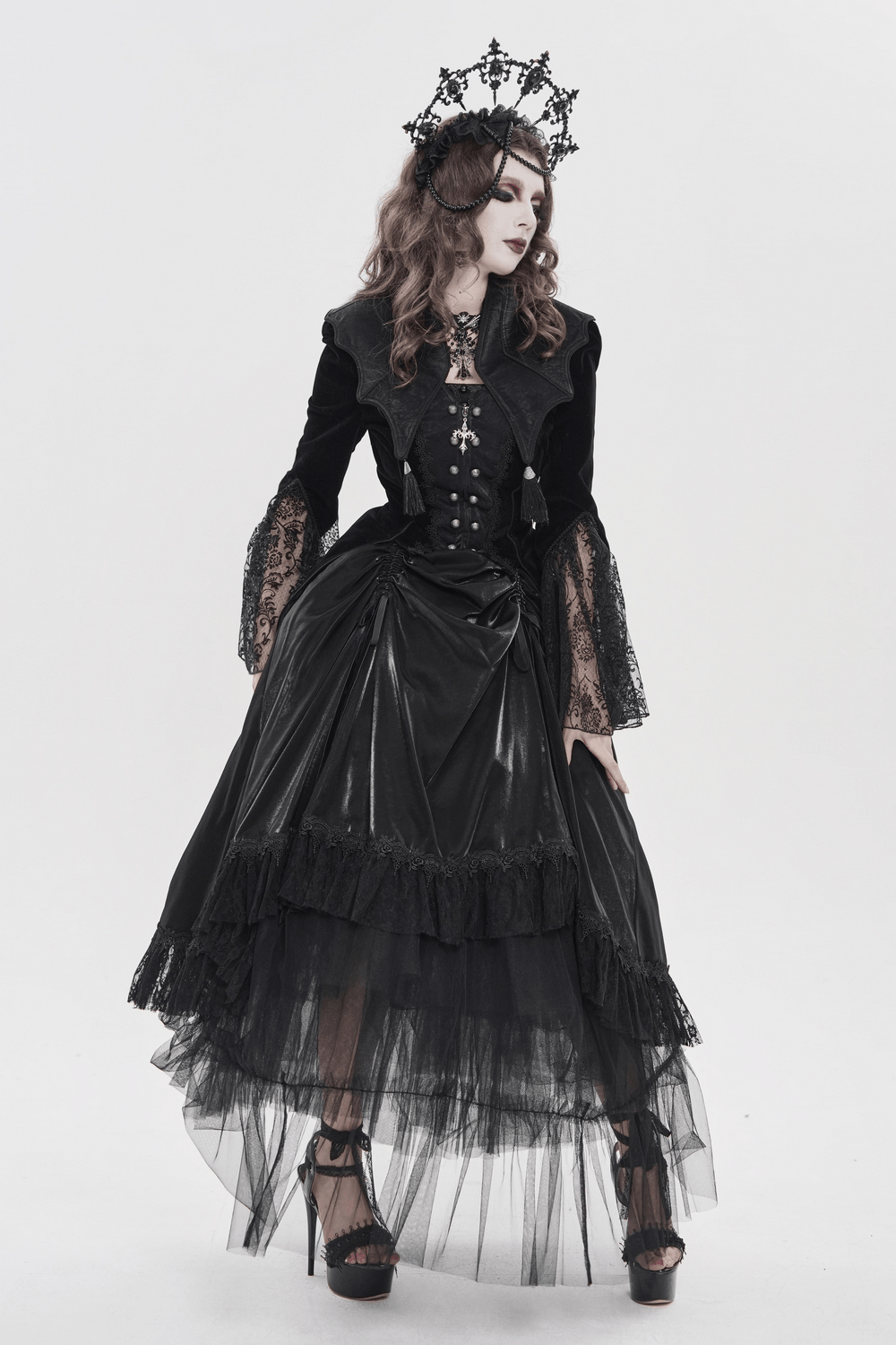 Women's Gothic Lace Bell Sleeve Tailcoat Jacket worn in a dramatic black outfit with lace and tulle details.