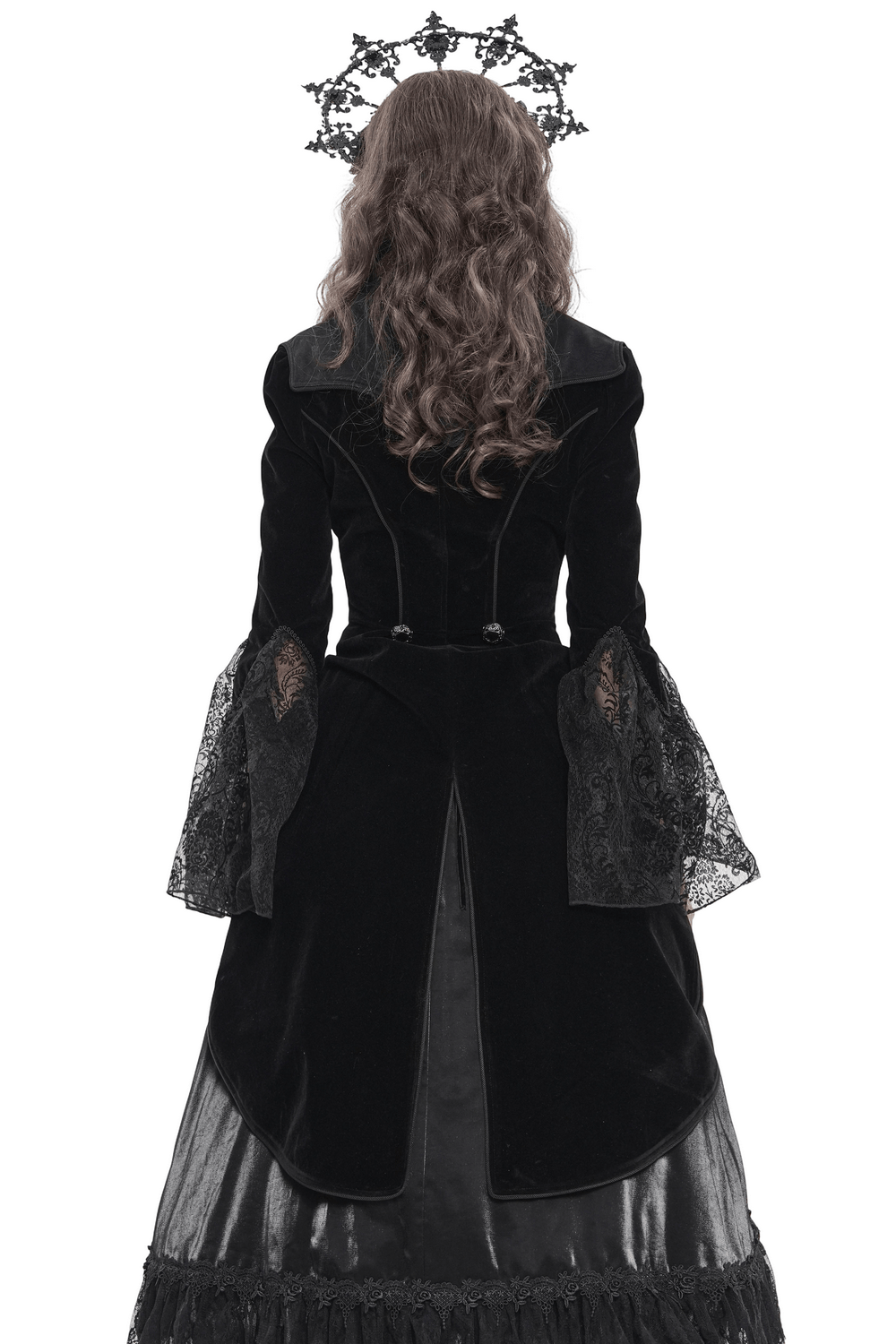 Women's Gothic Lace Bell Sleeve Tailcoat Jacket showcasing a fitted silhouette with sheer lace bell sleeves.