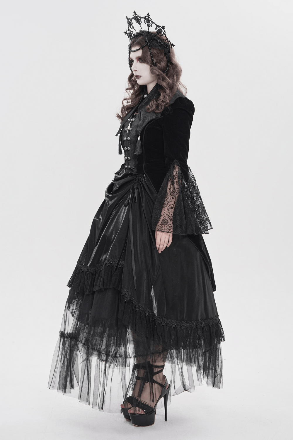 Women's Gothic Lace Bell Sleeve Tailcoat Jacket worn by a model showcasing a dramatic gothic style.