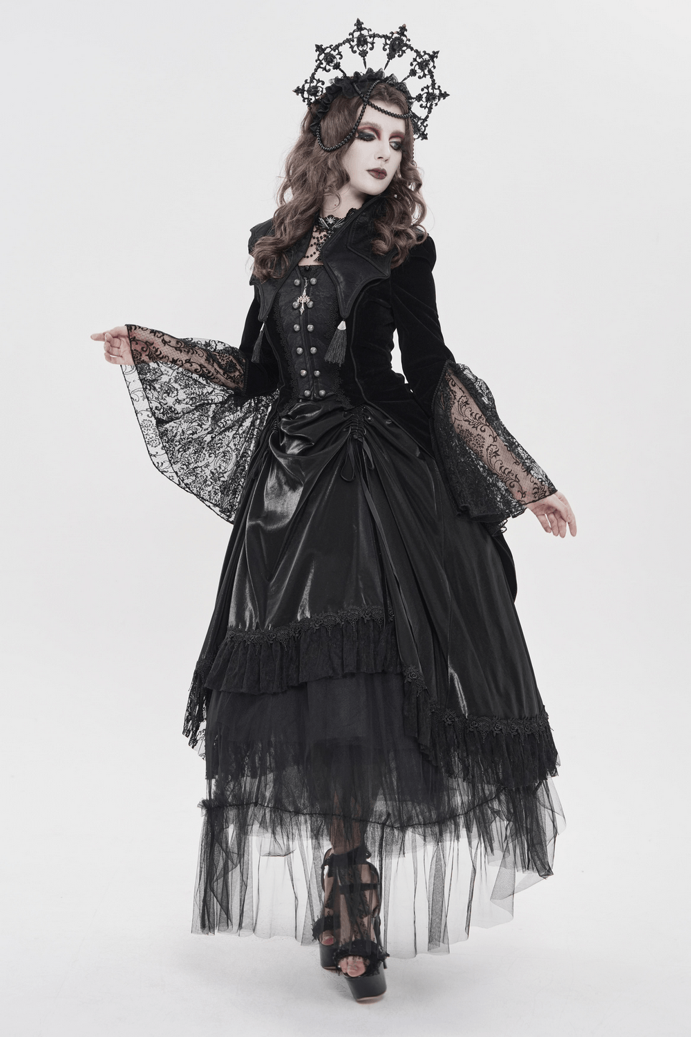 Women's Gothic Lace Bell Sleeve Tailcoat Jacket worn by a model with dramatic lace sleeves and gothic accessories.