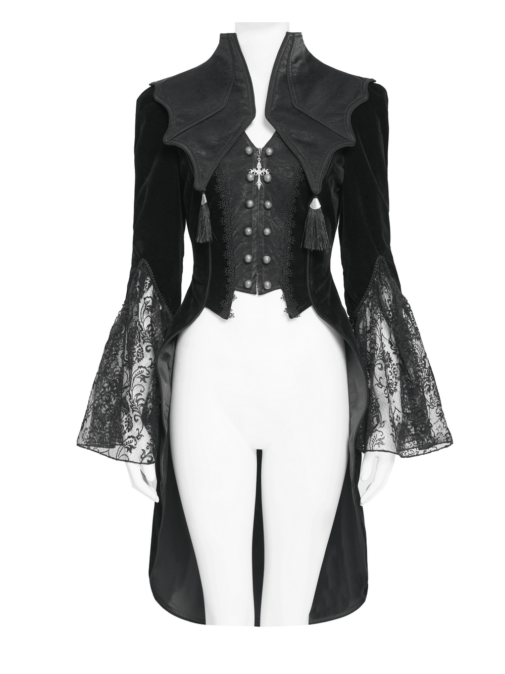 Women's Gothic Lace Bell Sleeve Tailcoat Jacket featuring lace bell sleeves and a dramatic pointed collar.