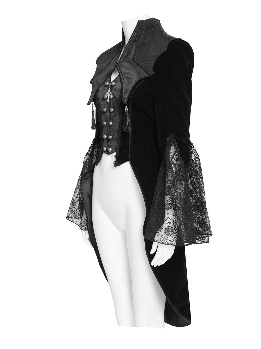 Women's Gothic Lace Bell Sleeve Tailcoat Jacket showcased in black with lace bell sleeves and stylish collar.