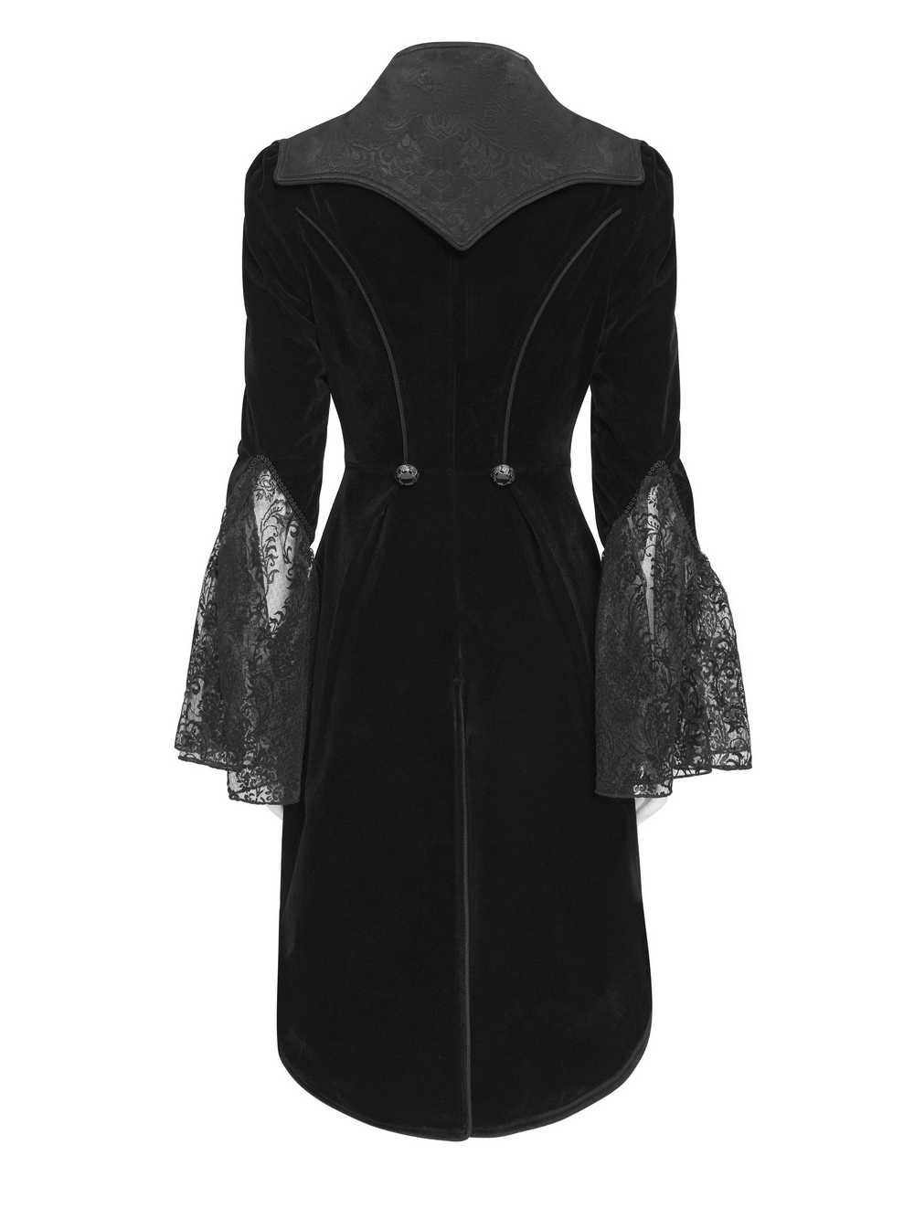 Back view of Women's Gothic Lace Bell Sleeve Tailcoat Jacket with lace bell sleeves and pointed collar.