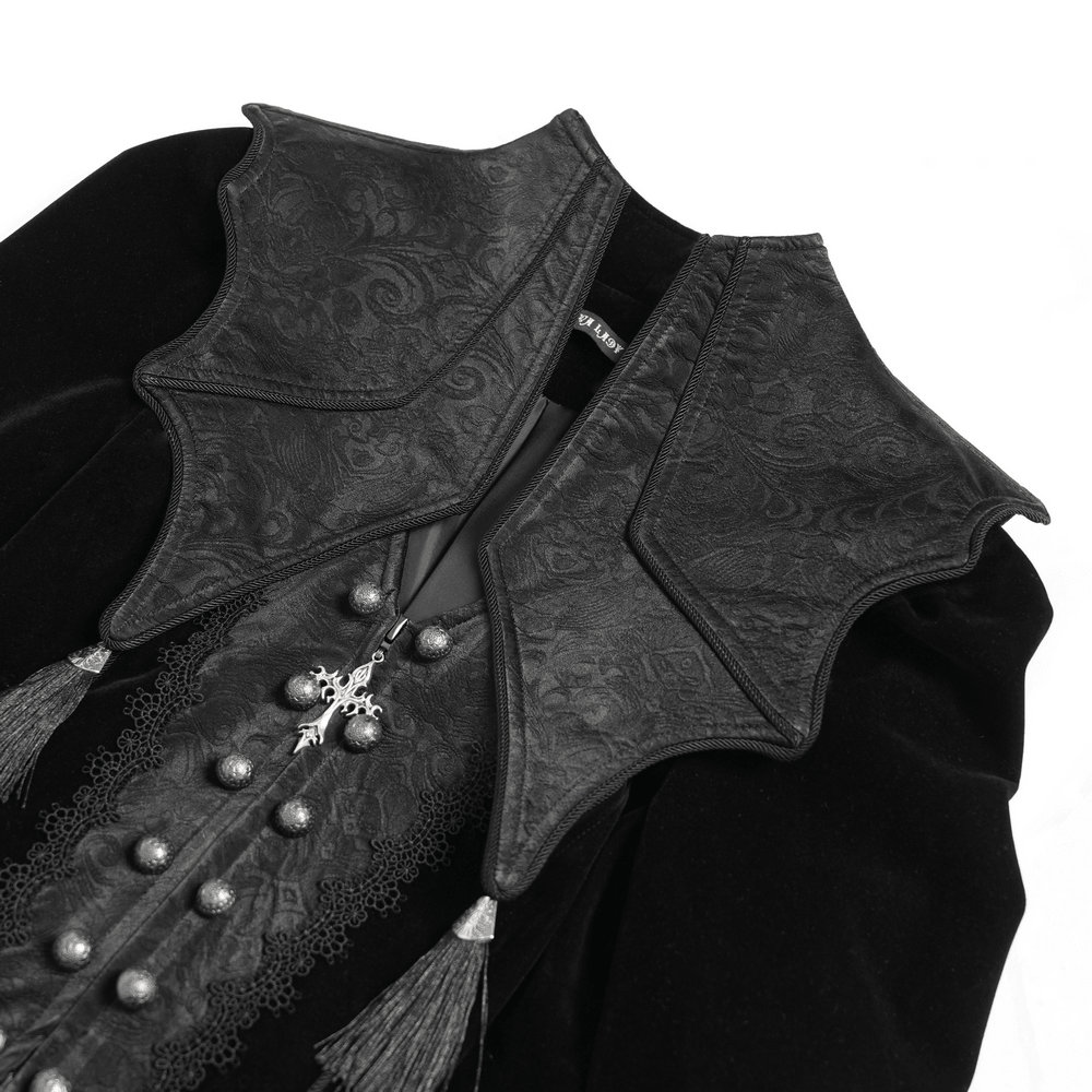 Close-up of the Women's Gothic Lace Bell Sleeve Tailcoat Jacket's dramatic collar and ornate button details.