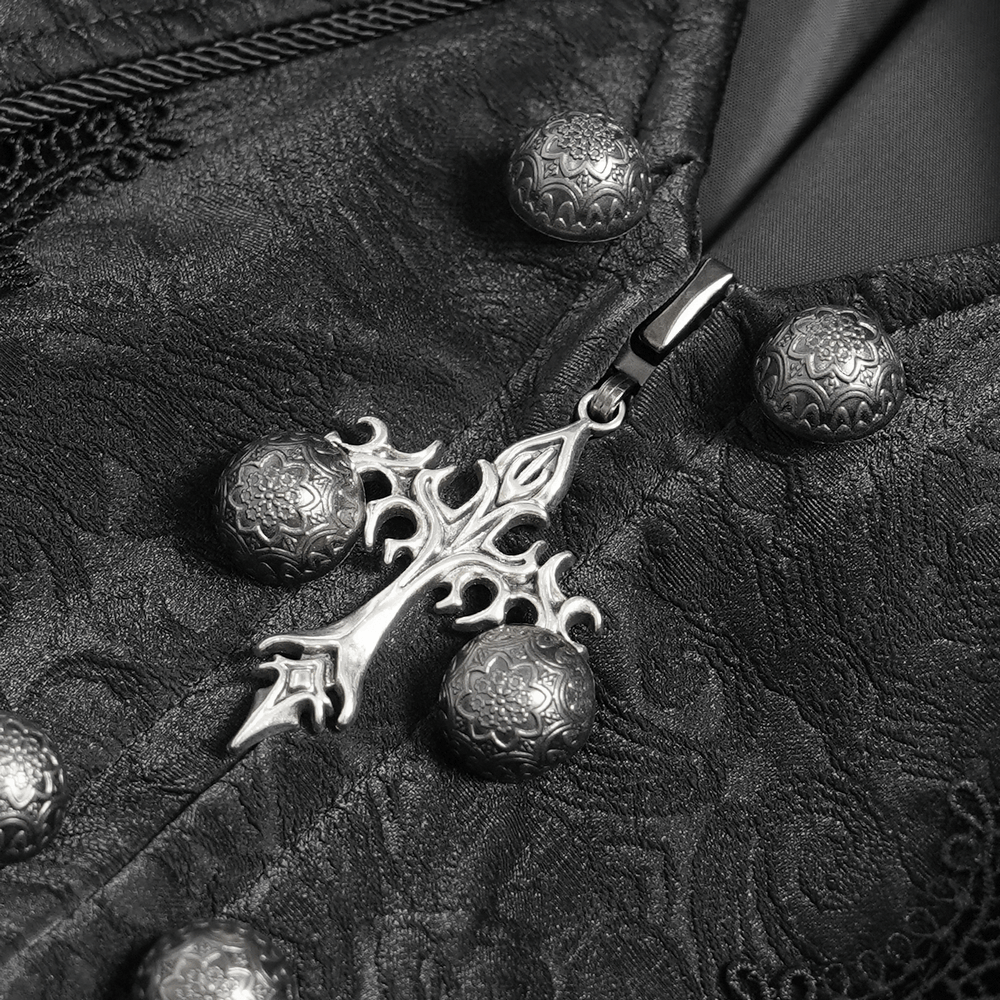 Close-up of ornate buttons and silver cross pendant on Women's Gothic Lace Bell Sleeve Tailcoat Jacket.