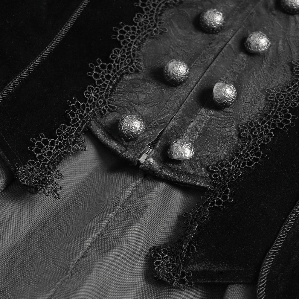 Close-up of Women's Gothic Lace Bell Sleeve Tailcoat Jacket showing ornate buttons and lace detailing.