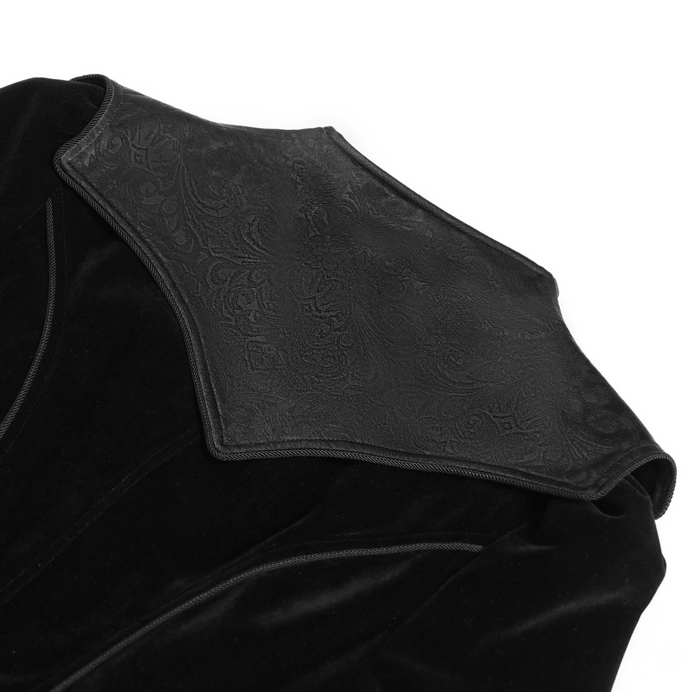 Women's Gothic Lace Bell Sleeve Tailcoat Jacket close-up of the ornate collar detail in rich black fabric.