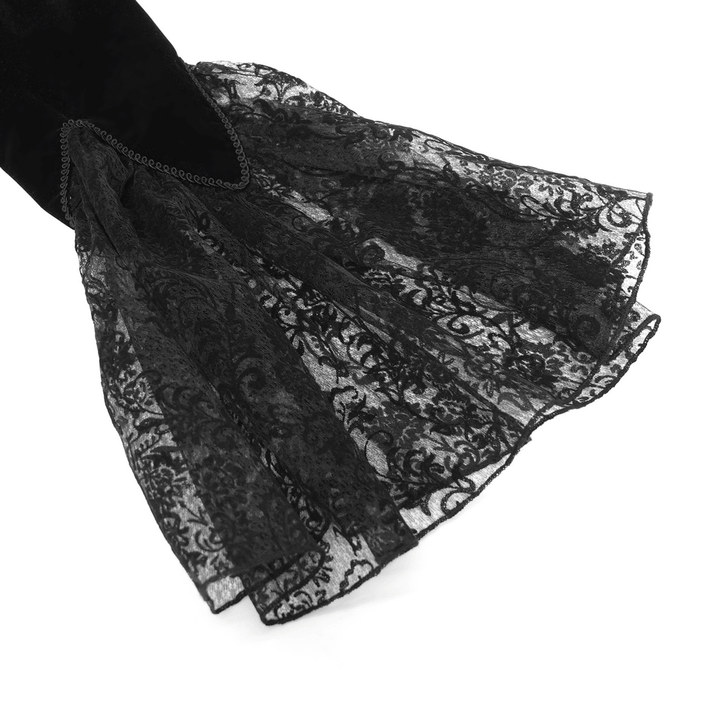 Sheer lace bell sleeves of the Women's Gothic Lace Bell Sleeve Tailcoat Jacket showcasing intricate black patterns.