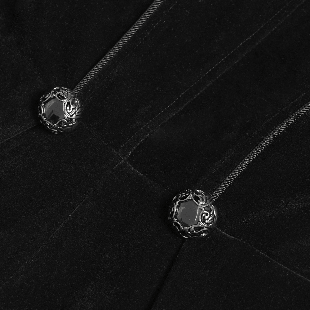 Close-up of ornate buttons on the Women's Gothic Lace Bell Sleeve Tailcoat Jacket, showcasing intricate detailing and gothic style.
