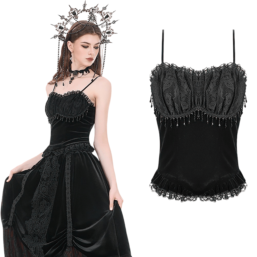 Women's Gothic Lace Camisole with Beaded Bust and Frills