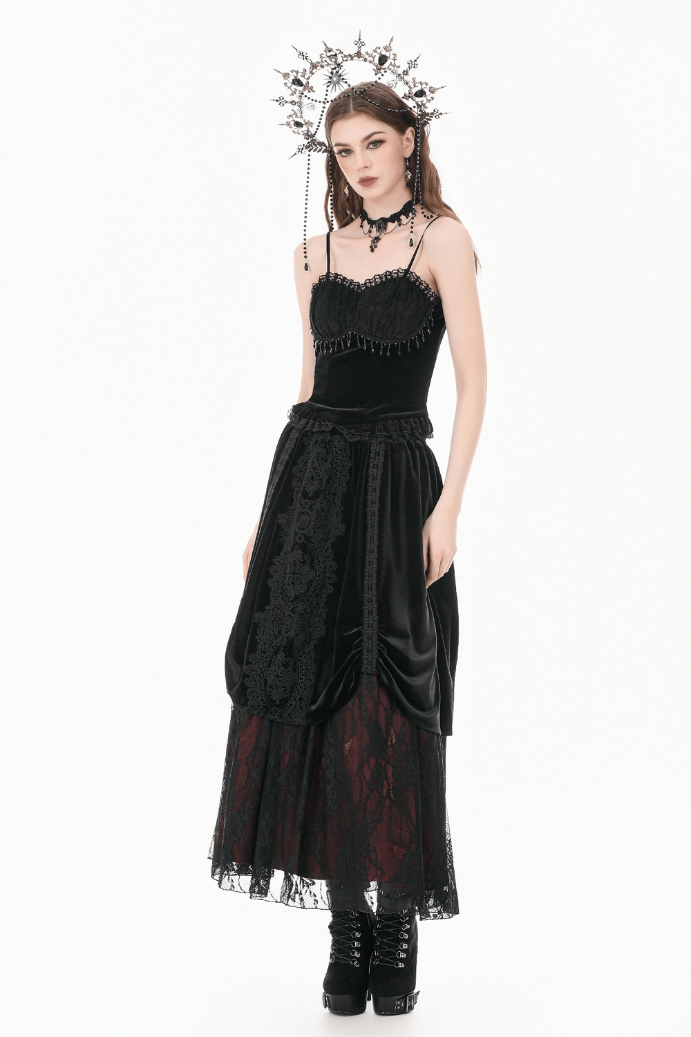 Damen Gothic Spitzen-Camisole mit Perlenbesatz und Rüschen