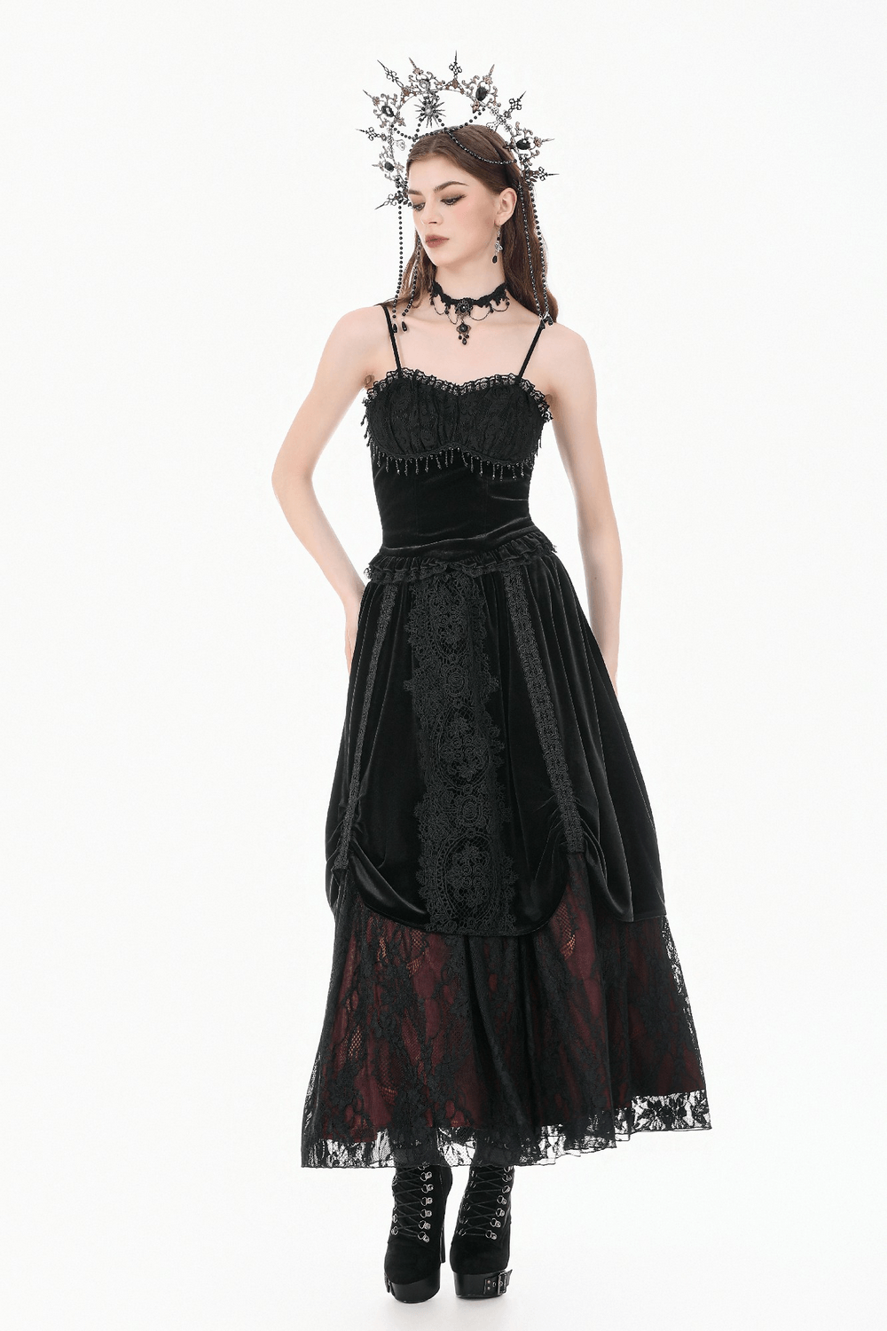 Damen Gothic Spitzen-Camisole mit Perlenbesatz und Rüschen