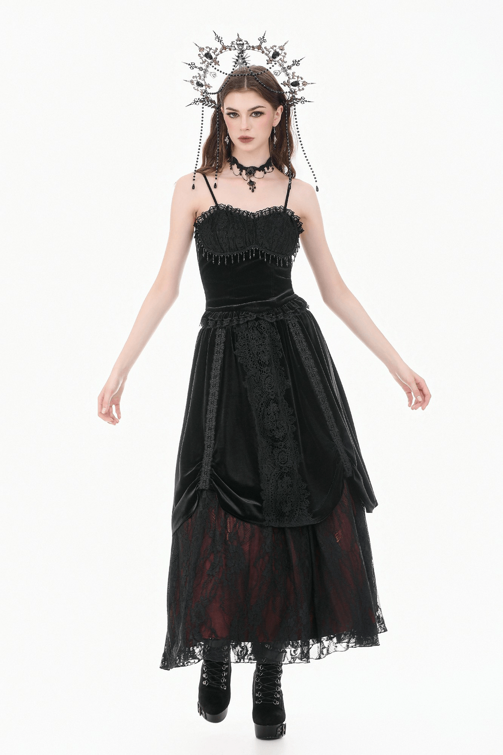 Damen Gothic Spitzen-Camisole mit Perlenbesatz und Rüschen