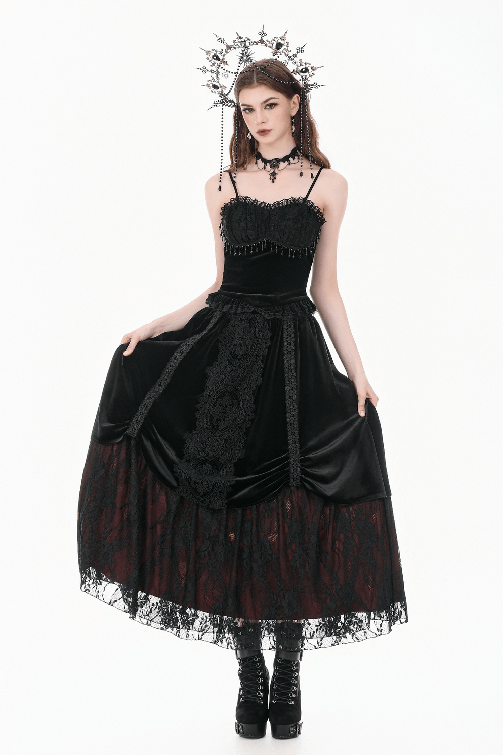 Damen Gothic Spitzen-Camisole mit Perlenbesatz und Rüschen