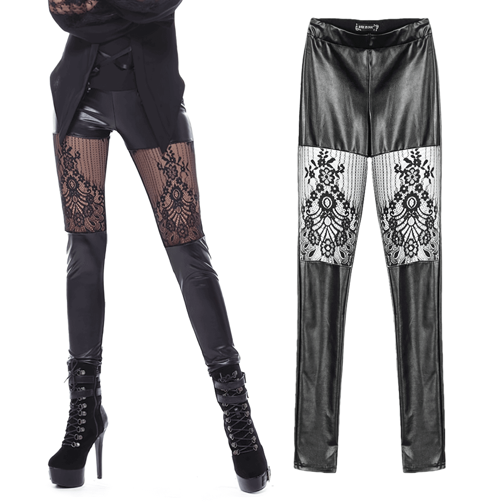 Women's Gothic Lace Flower Embroidered PU Leather Leggings