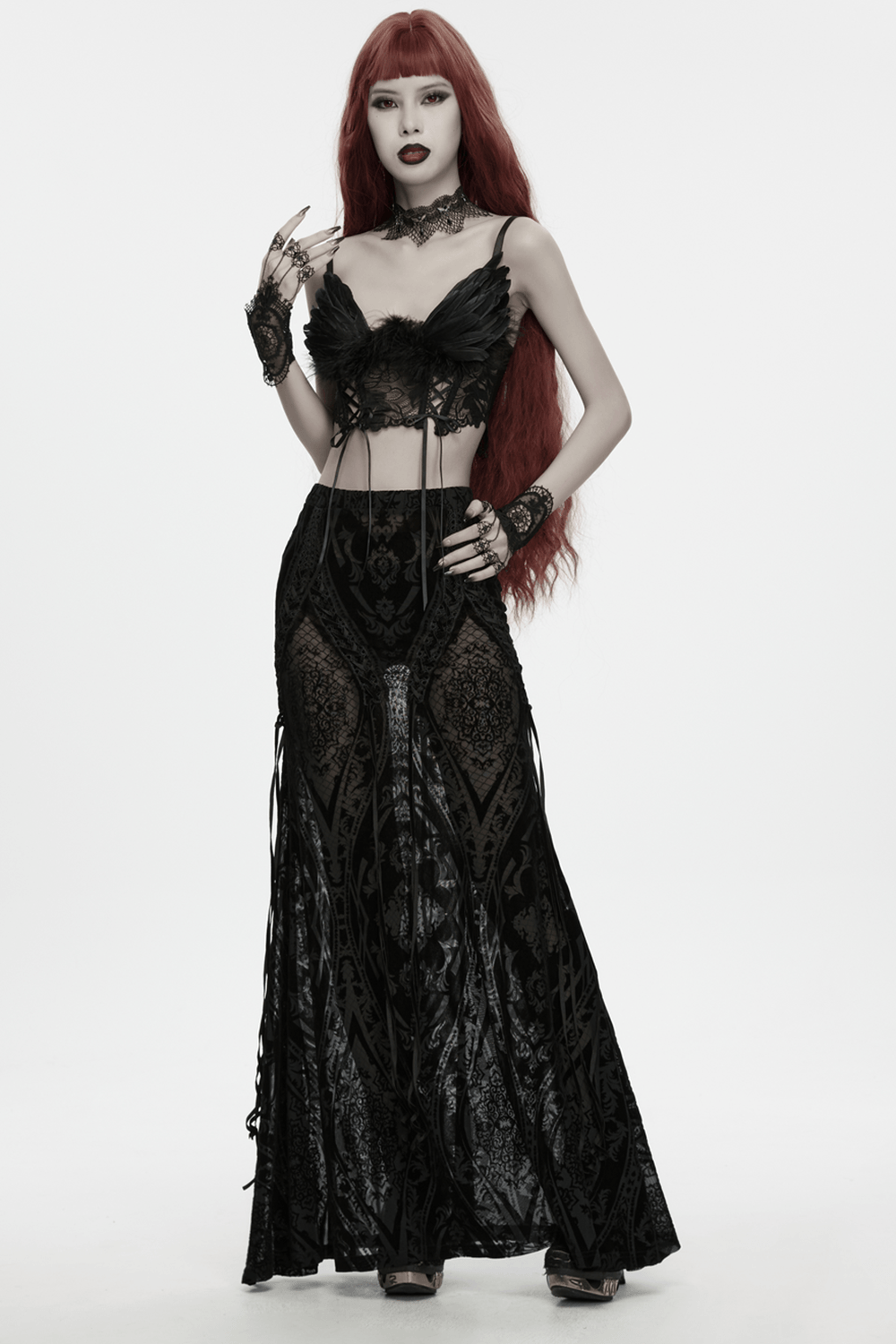 Bijou de main gothique en dentelle pour femme avec chaînes reliées aux bagues