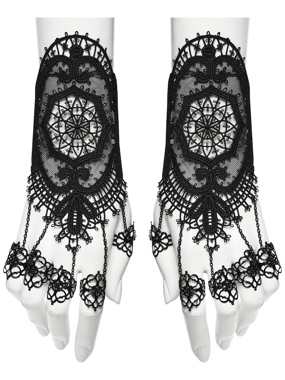 Bijou de main gothique en dentelle pour femme avec chaînes reliées aux bagues