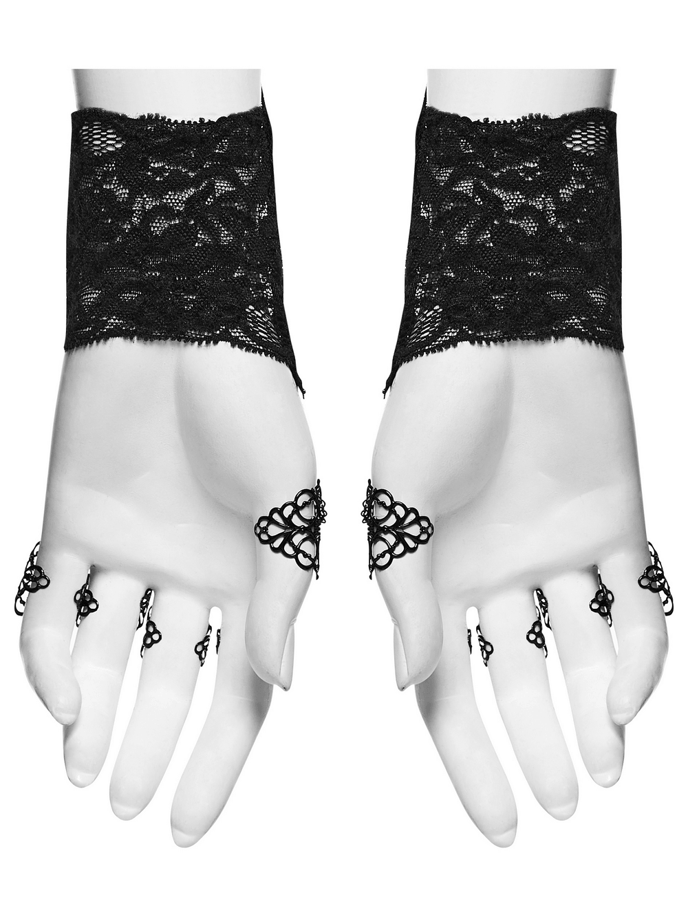 Bijou de main gothique en dentelle pour femme avec chaînes reliées aux bagues