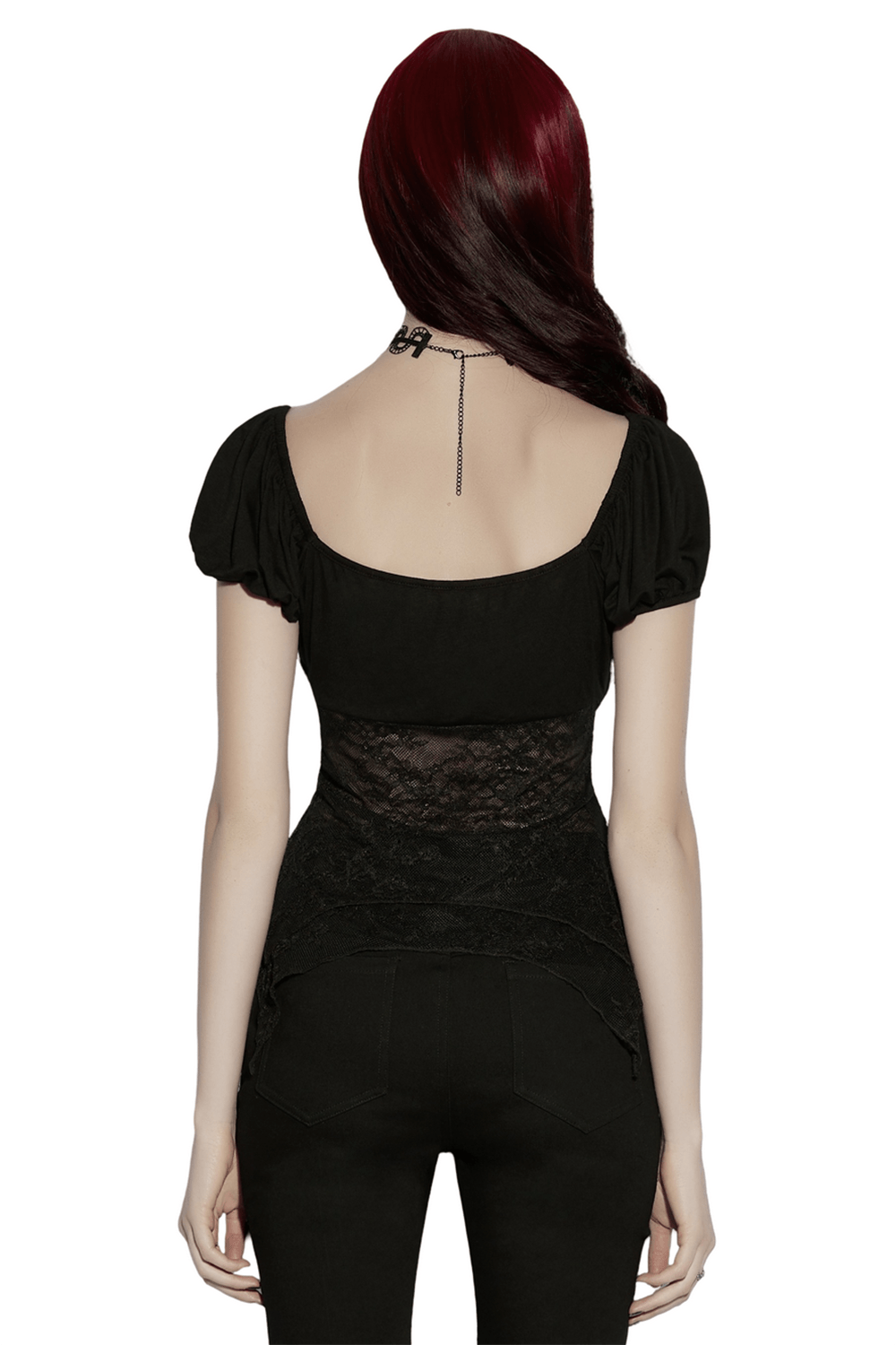 Back view of Women's Gothic Lace Handkerchief Hem Puff Top showcasing its intricate lace and puff sleeve design.