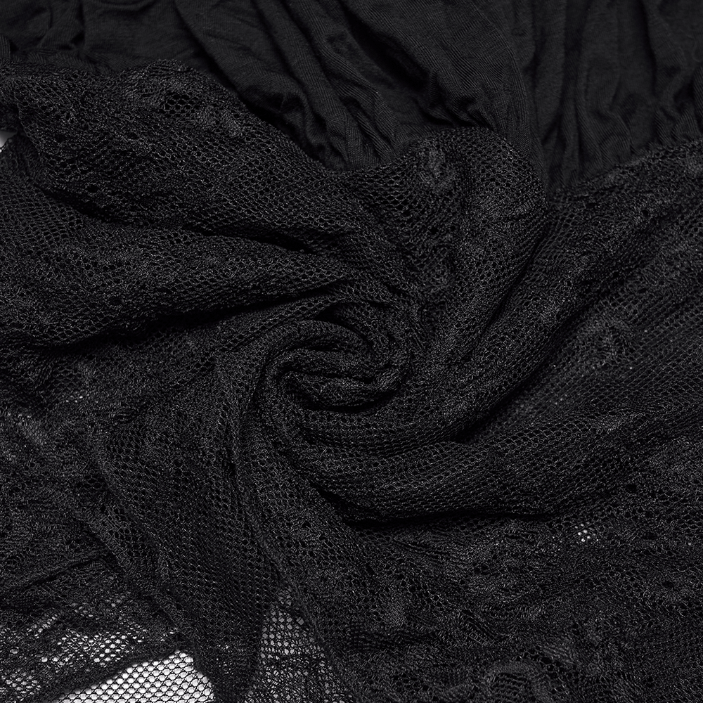 Close-up of Women's Gothic Lace Handkerchief Hem Puff Top showcasing intricate black lace and soft knitted fabric.
