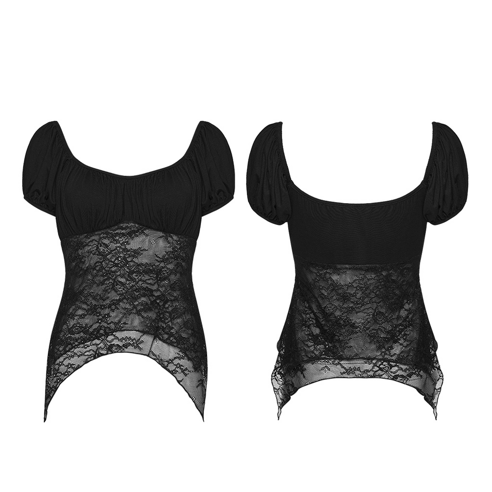 Women's Gothic Lace Handkerchief Hem Puff Top showcasing a black lace design with a sheer irregular hem.