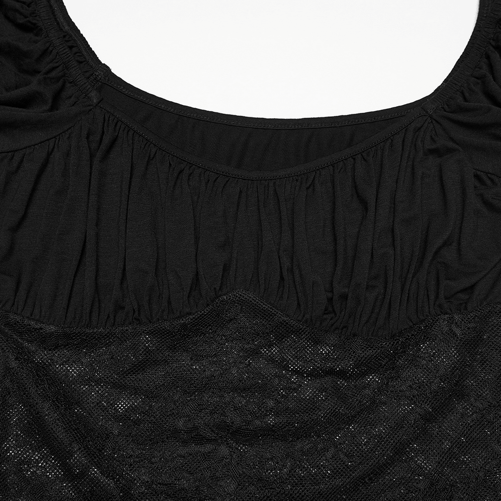 Close-up of the Women's Gothic Lace Handkerchief Hem Puff Top showcasing intricate lace and gathered bodice details.