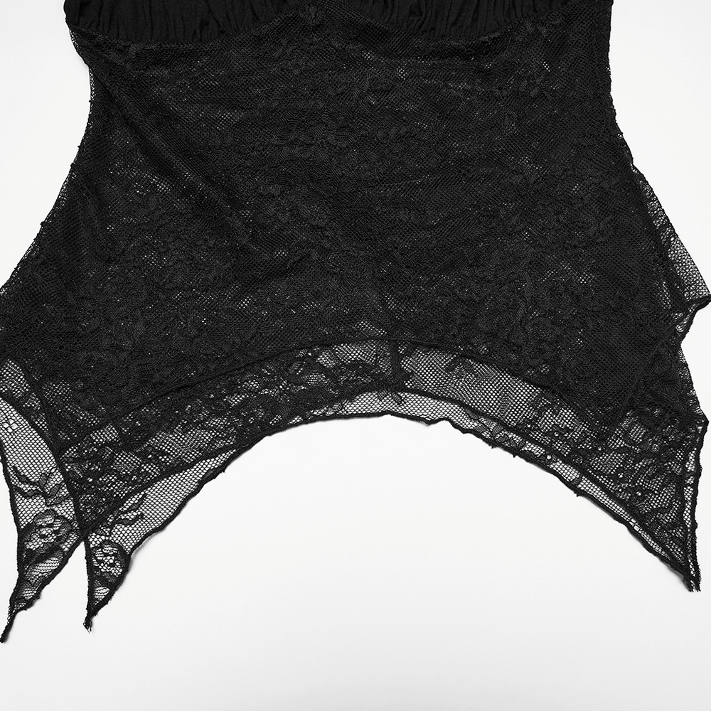 Women's Gothic Lace Handkerchief Hem Puff Top showcasing intricate black lace and irregular hem design.