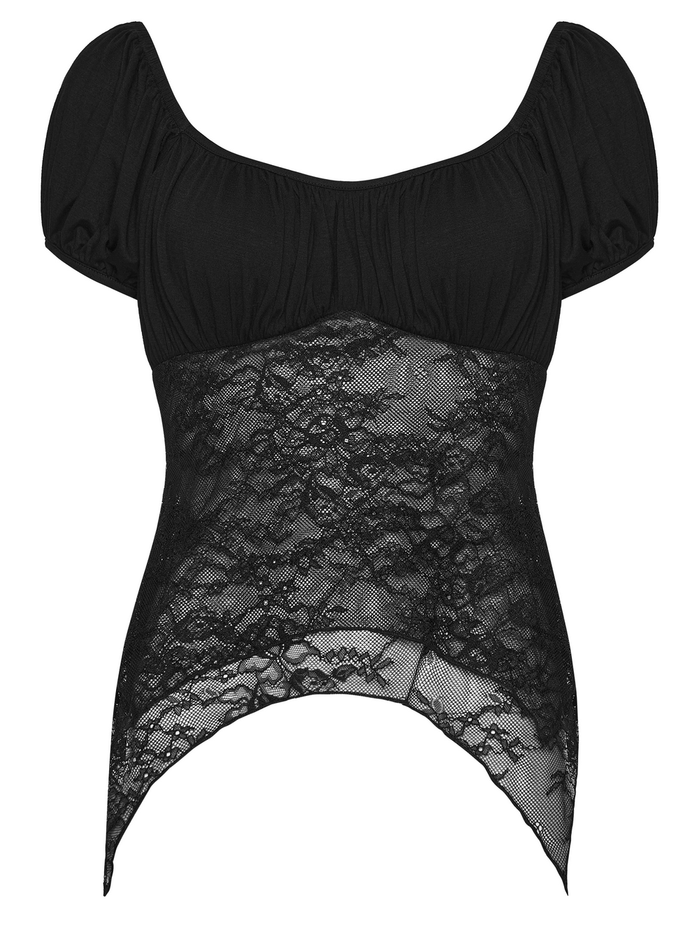 Women's Gothic Lace Handkerchief Hem Puff Top in black with sheer lace and irregular hem design.