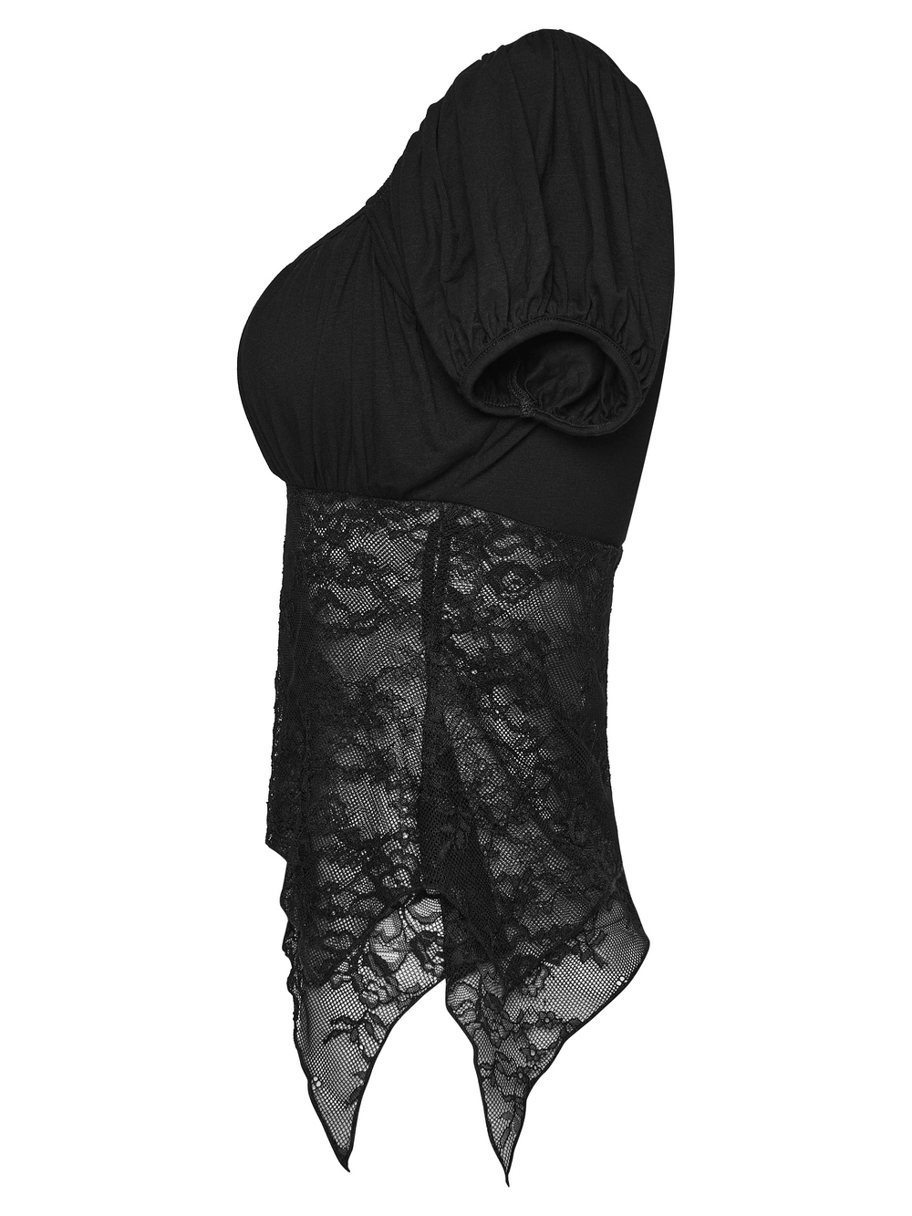 Women's Gothic Lace Handkerchief Hem Puff Top side view featuring sheer lace and puff sleeves.