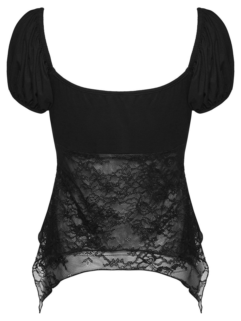 Women's Gothic Lace Handkerchief Hem Puff Top featuring sheer lace back and puff sleeves.