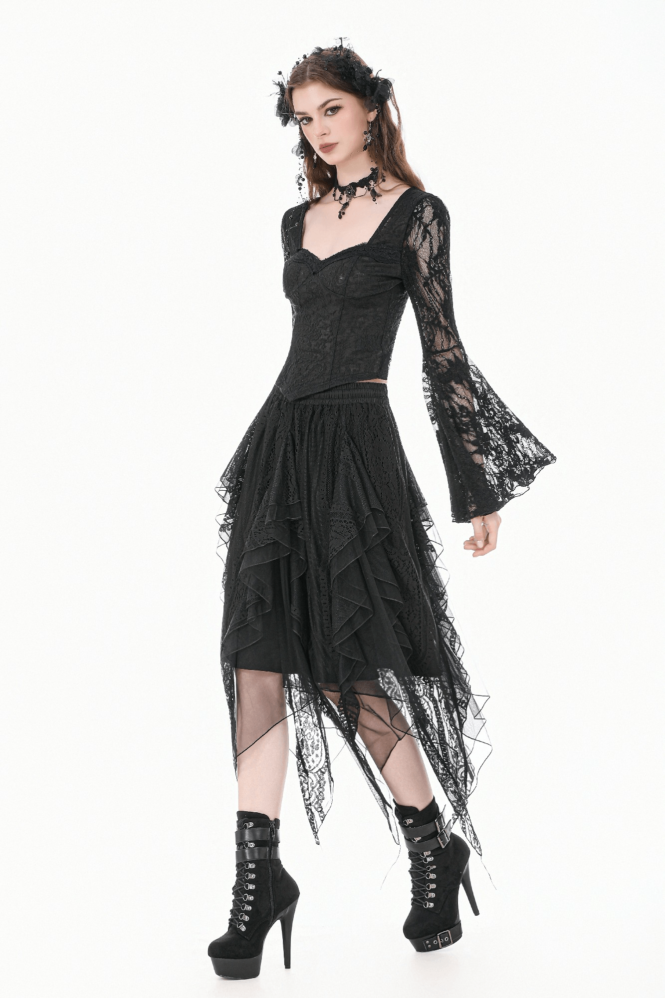 Women's Gothic Lace Handkerchief Skirt with Ruffles