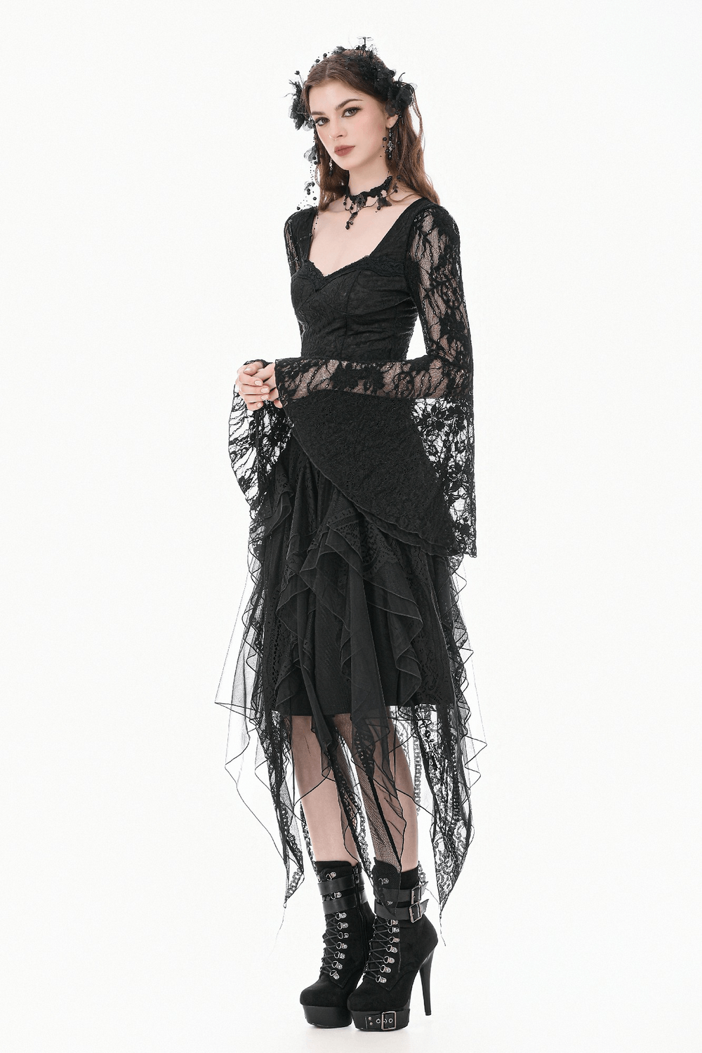 Women's Gothic Lace Handkerchief Skirt with Ruffles