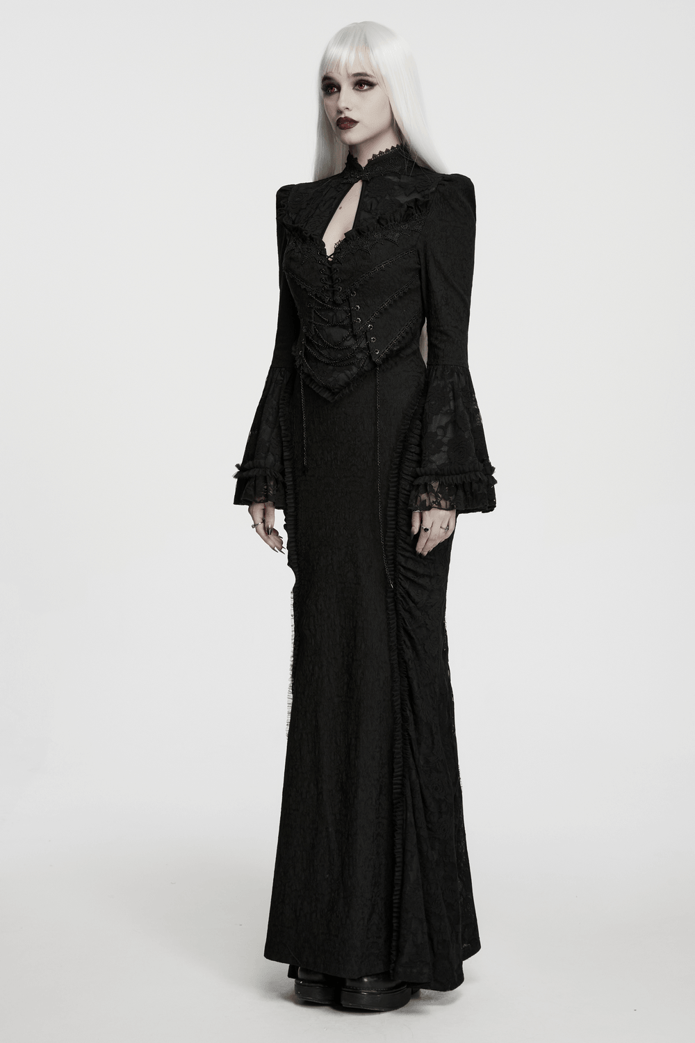 Gotisches schwarzes Maxi-Abendkleid aus Satin mit Rosenspitze