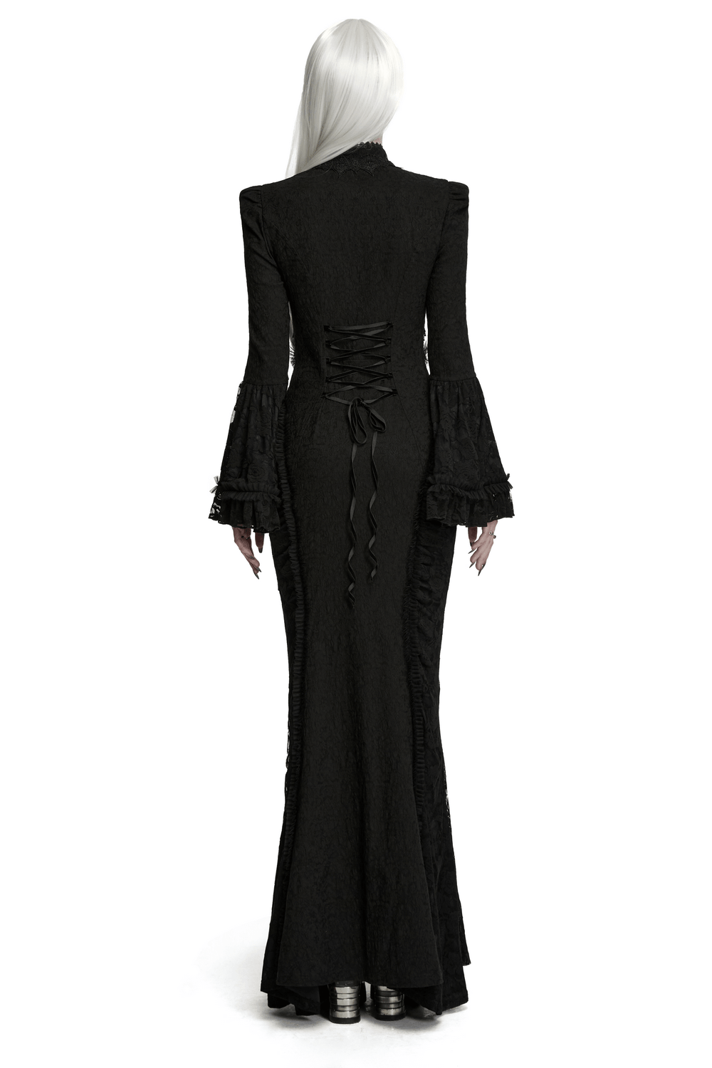 Gotisches schwarzes Maxi-Abendkleid aus Satin mit Rosenspitze