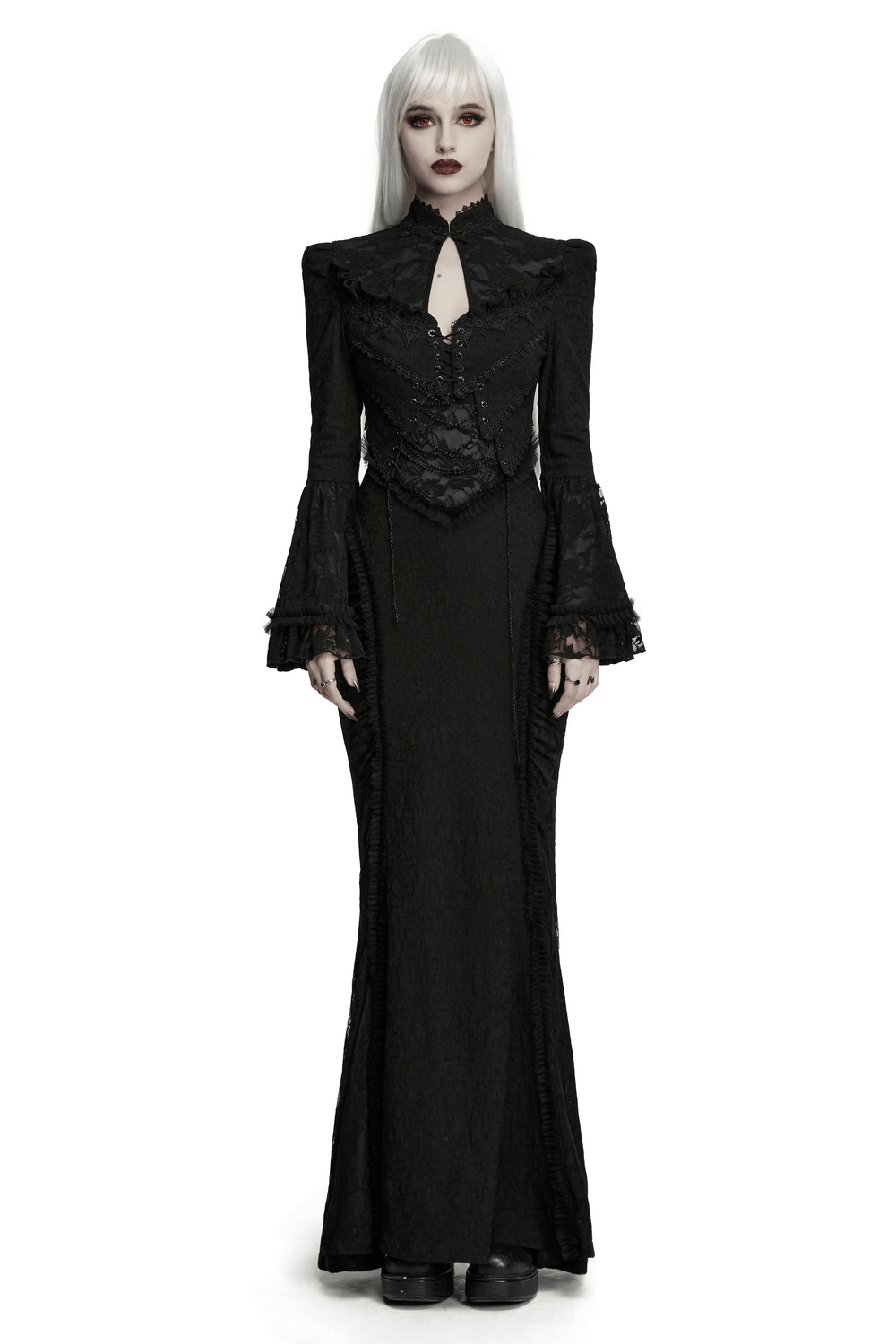 Gotisches schwarzes Maxi-Abendkleid aus Satin mit Rosenspitze