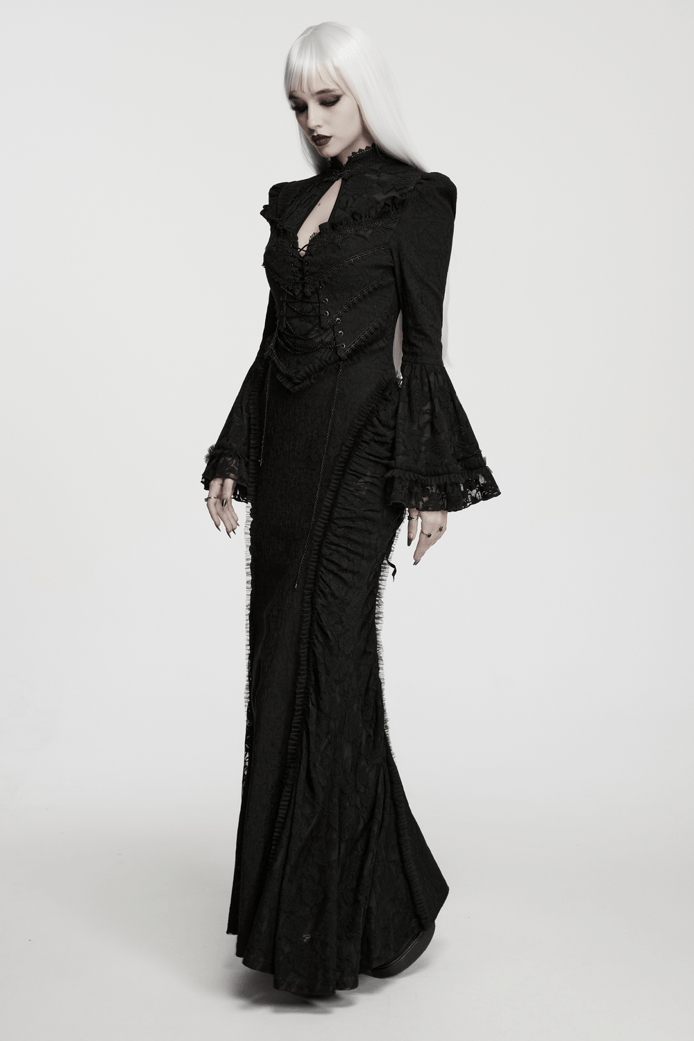Gotisches schwarzes Maxi-Abendkleid aus Satin mit Rosenspitze