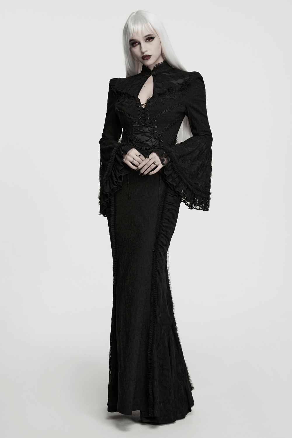 Gotisches schwarzes Maxi-Abendkleid aus Satin mit Rosenspitze