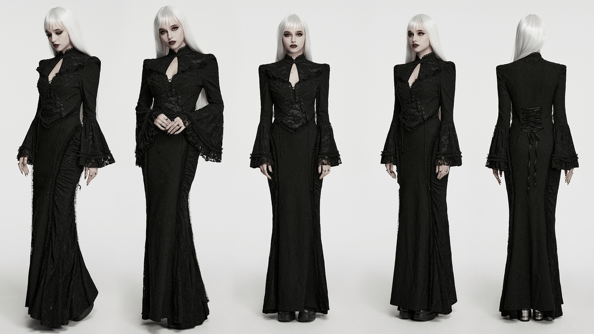 Gotisches schwarzes Maxi-Abendkleid aus Satin mit Rosenspitze