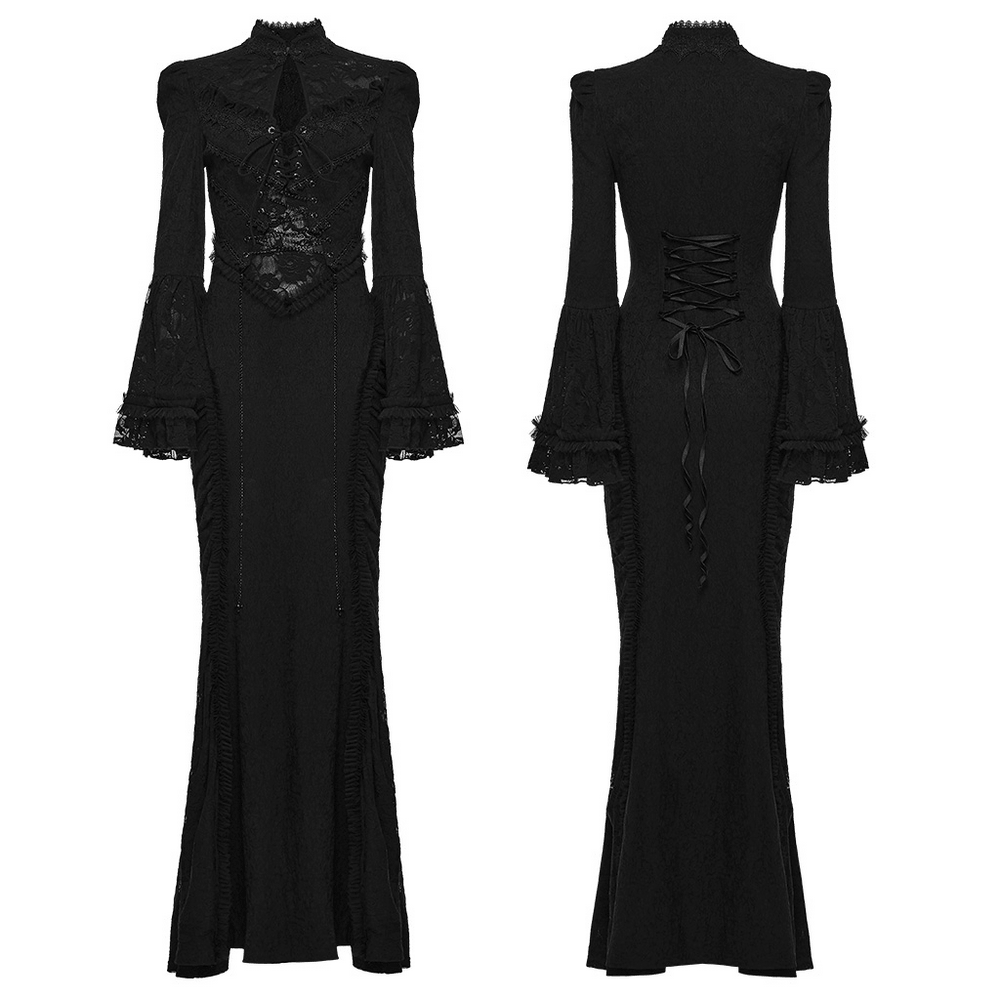 Gotisches schwarzes Maxi-Abendkleid aus Satin mit Rosenspitze