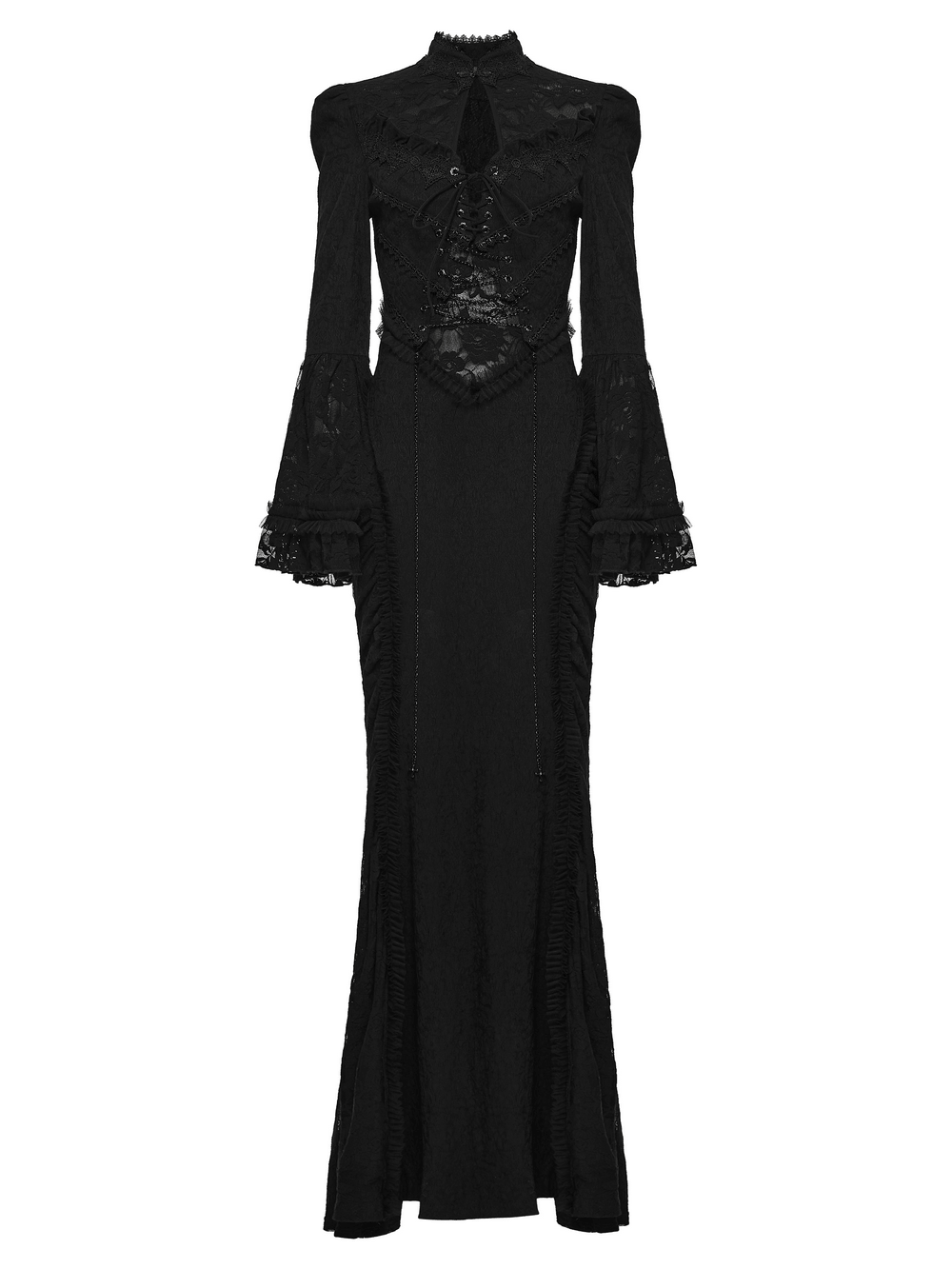 Gotisches schwarzes Maxi-Abendkleid aus Satin mit Rosenspitze