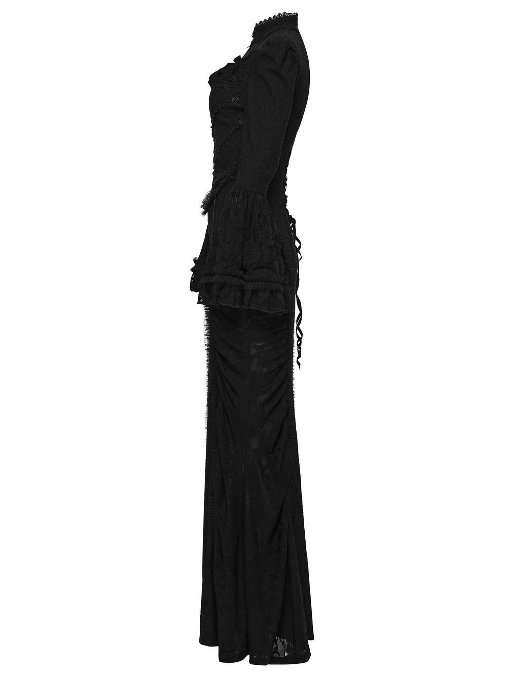 Gotisches schwarzes Maxi-Abendkleid aus Satin mit Rosenspitze