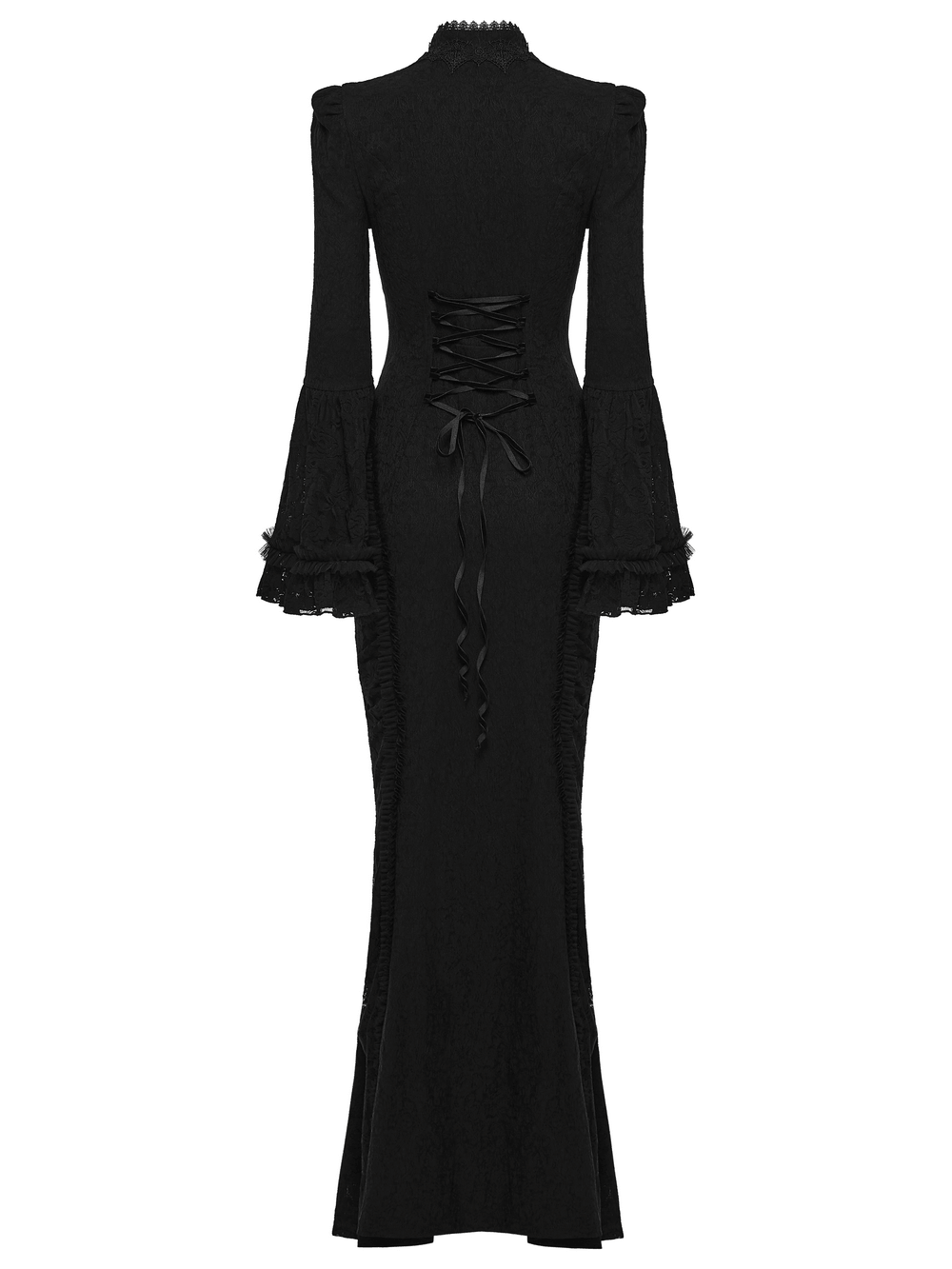 Gotisches schwarzes Maxi-Abendkleid aus Satin mit Rosenspitze