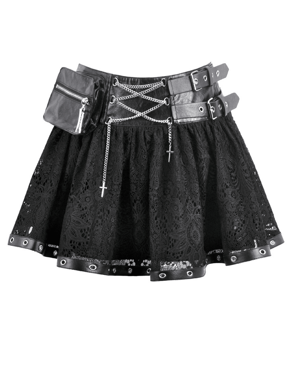 Women's Gothic Lace Mini Skirt with Chain Details featuring lace design, adjustable waistband, and detachable pouch.