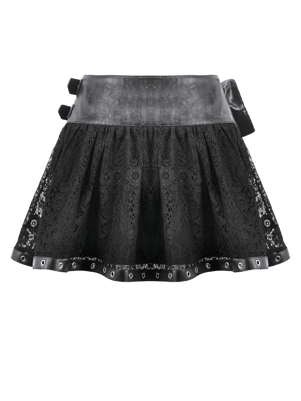 Women's Gothic Lace Mini Skirt with Chain Details featuring a layered lace design and adjustable belted waistband.