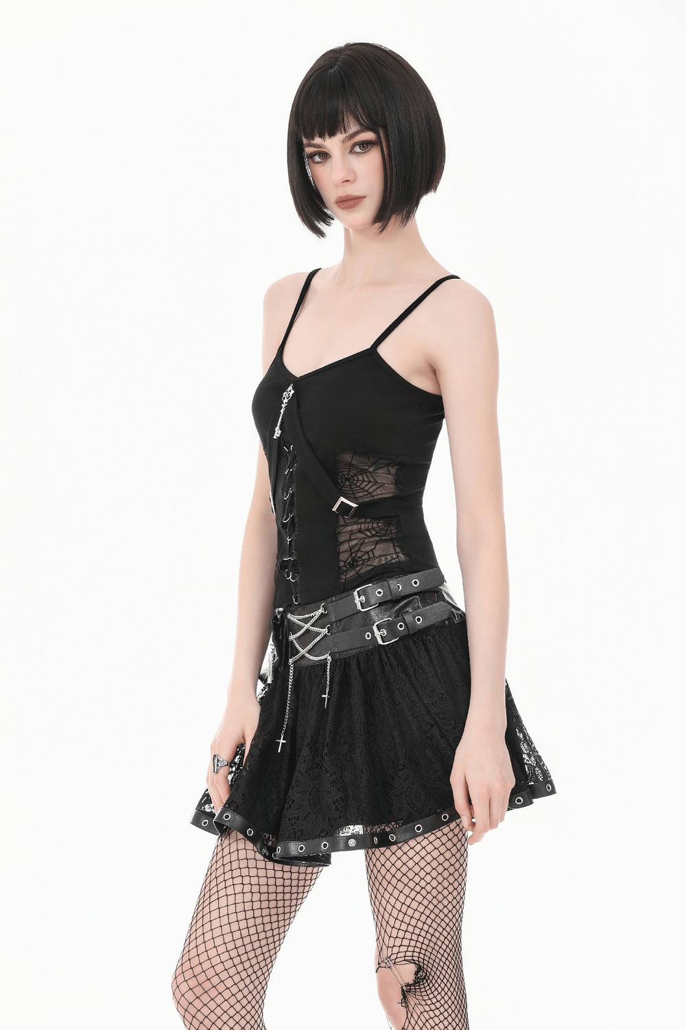 Women's Gothic Lace Mini Skirt with Chain Details worn with a black top, displaying punk style accents and lace skater design.